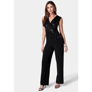 Bebe NYE Disco Sequined Sleeveless Wrap Jumpsuit Wide Leg Evening Formal L NWT
